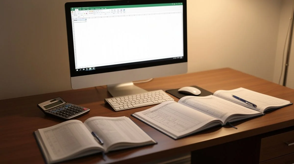 Accounting office with a desk calculator, open ledgers and a desktop screen showing a spreadsheet