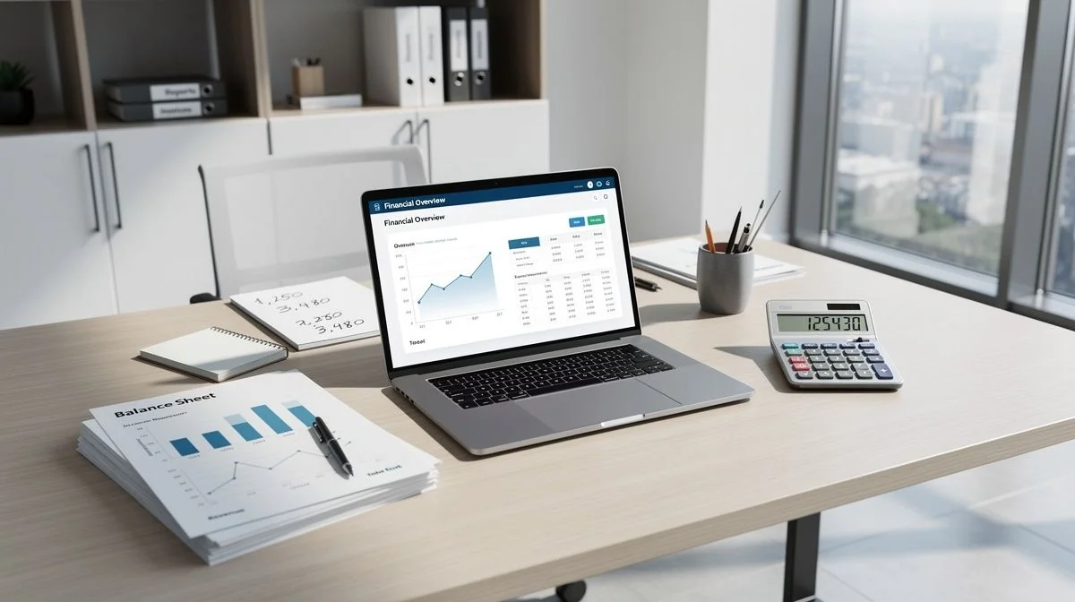Modern accounting office with a laptop, financial reports and a calculator on a desk beside large windows