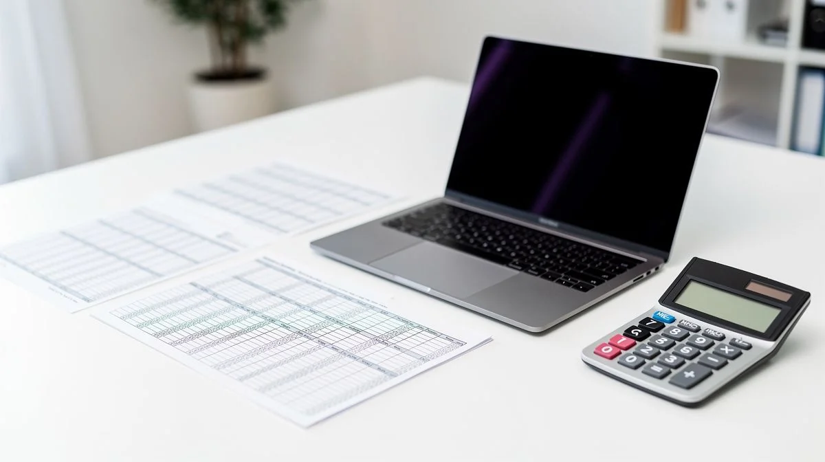 Accountant workspace with a laptop, spreadsheet printouts and a calculator under bright office lighting