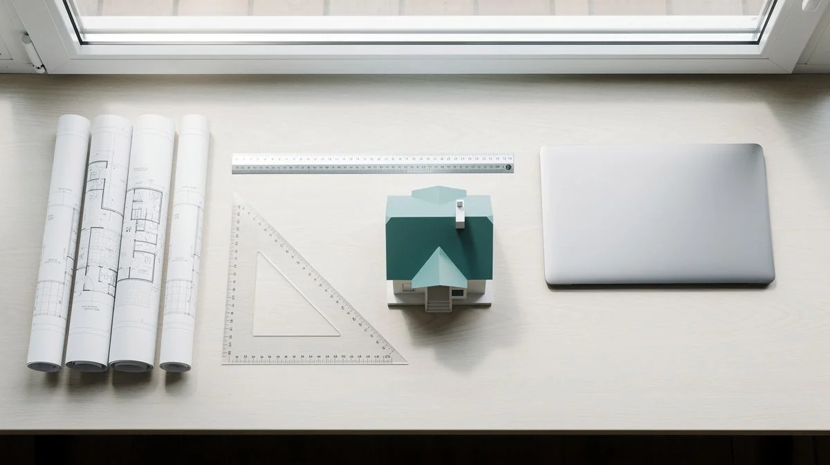 Drafting desk with rolled plans, scale ruler and a small model house