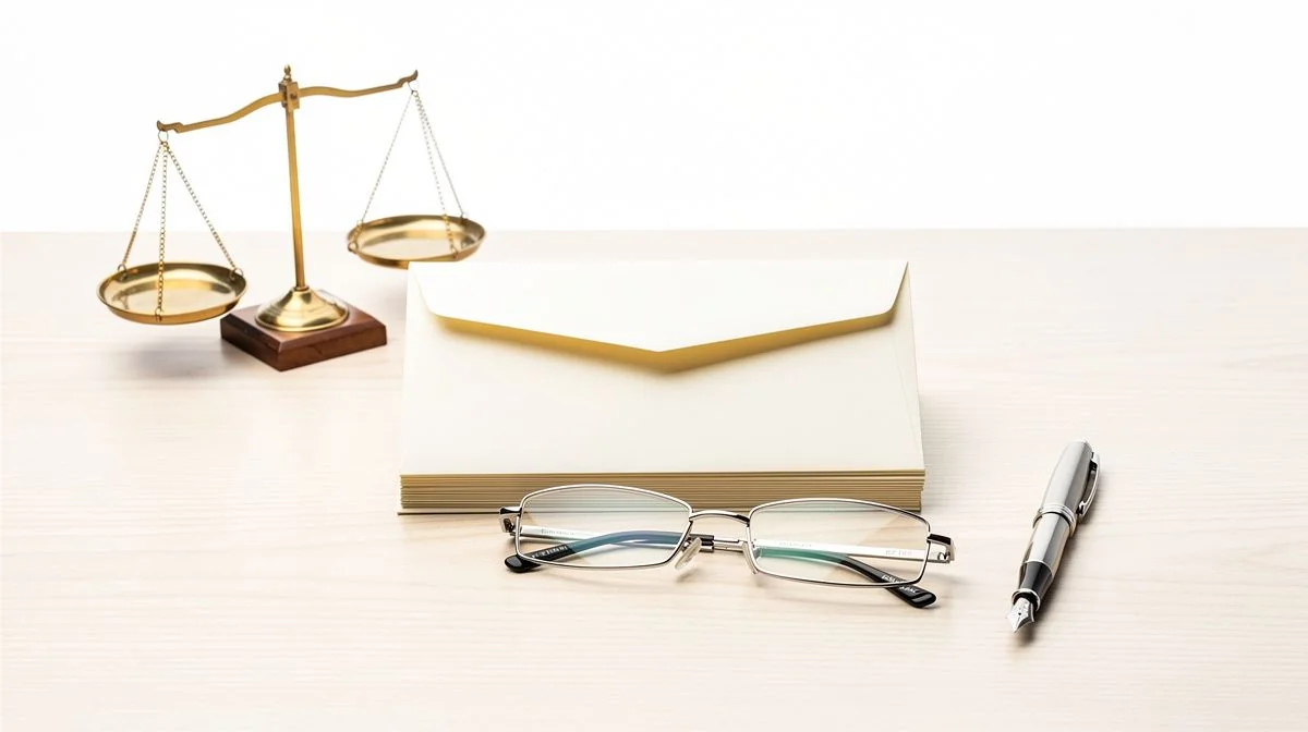 A tidy desk with a notebook, pen, glasses and documents in morning light