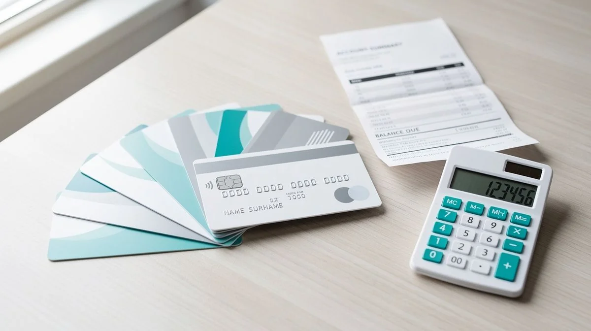 Credit cards, a paper statement and a calculator laid out on a wooden desk