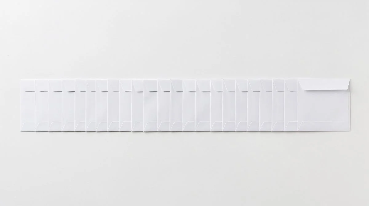A neat row of small plain white paper envelopes evenly spaced on white