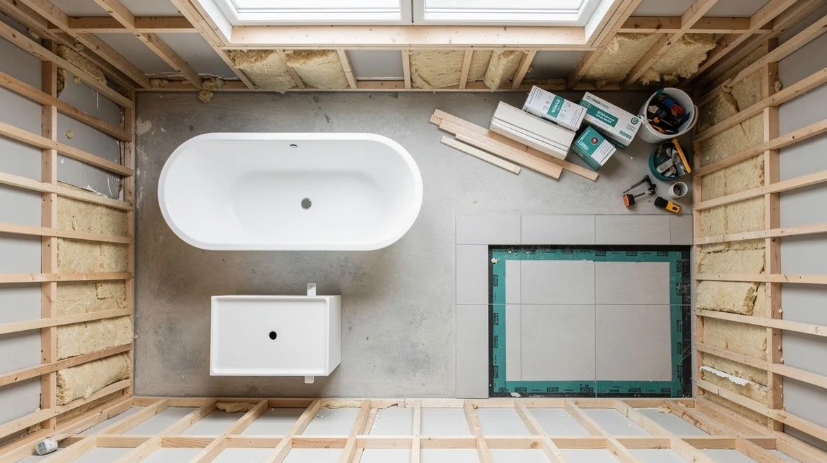 Bathroom mid-renovation showing exposed framing, tiled shower base and building materials