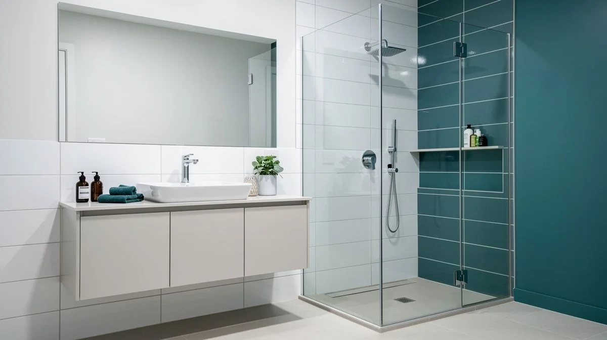 Renovated Porirua bathroom with a floating vanity, large-format wall tiles and a frameless glass shower screen