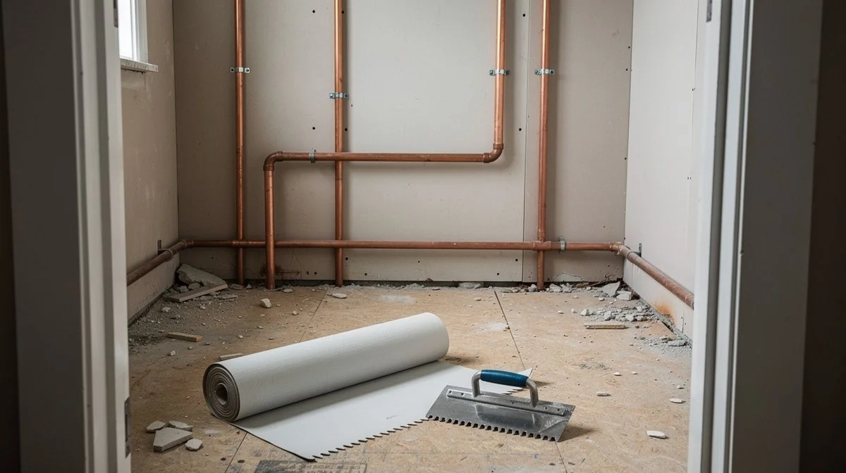 Stripped bathroom frame with new plumbing rough-in and a roll of waterproofing membrane on the floor