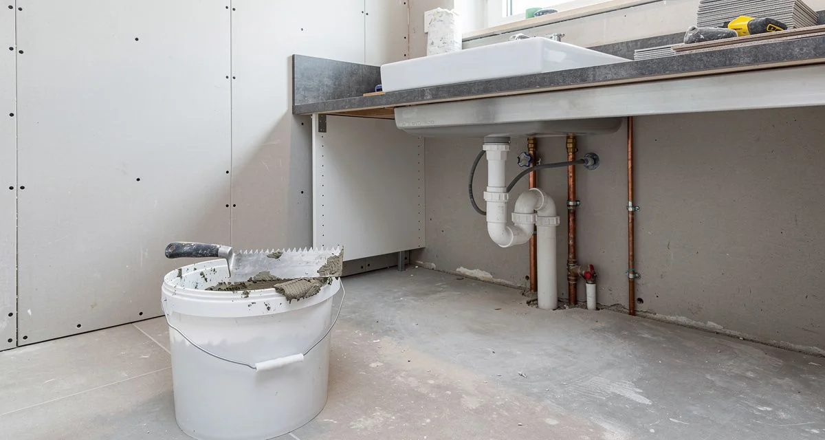 Bathroom stripped back to new linings with plumbing exposed in a vanity cavity