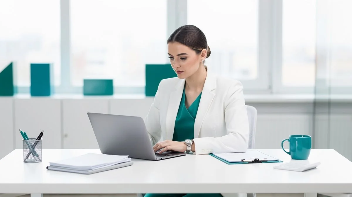 An accountant reviewing financial documents on a laptop in a bright office