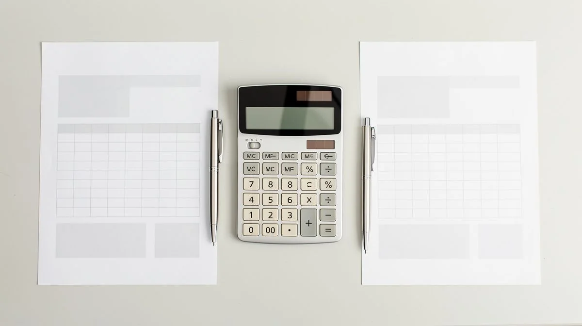 A calculator, pen and financial statements arranged neatly on a desk