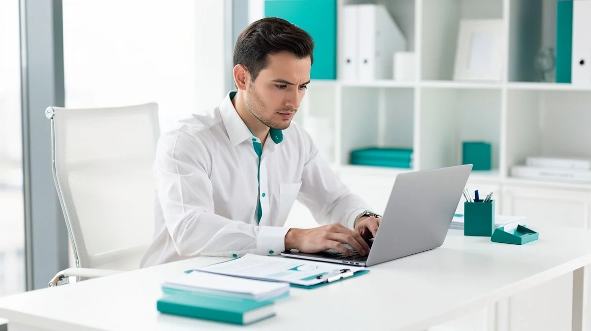 An accountant reviewing financial documents on a laptop in a bright office