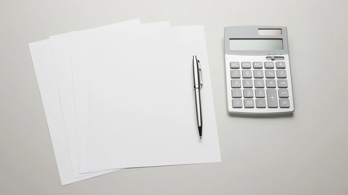 A calculator, pen and financial statements arranged neatly on a desk