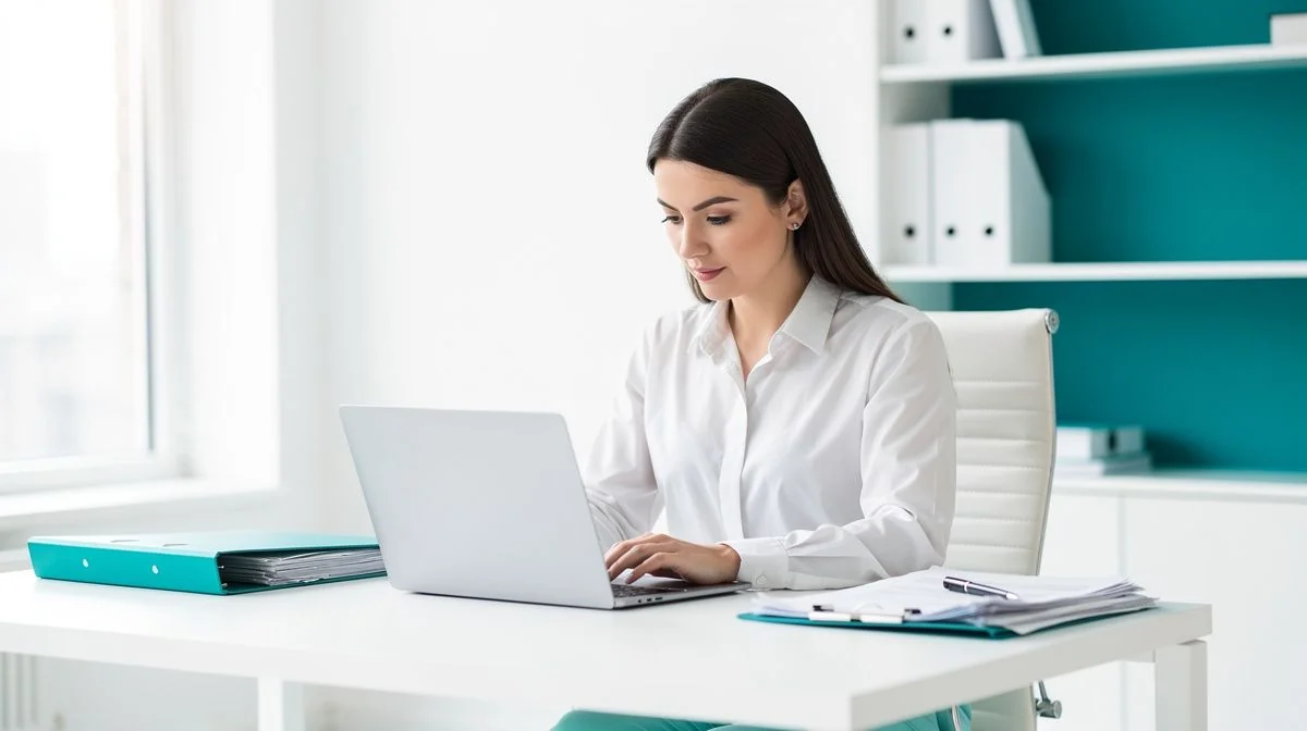 An accountant reviewing financial documents on a laptop in a bright office