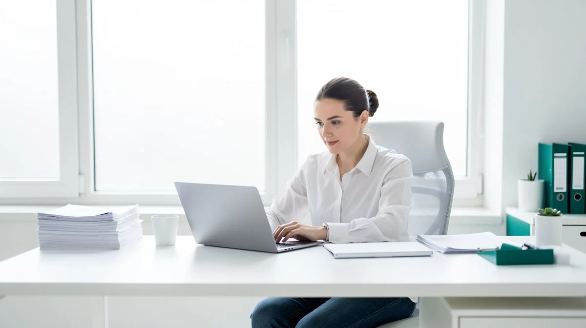 An accountant reviewing financial documents on a laptop in a bright office