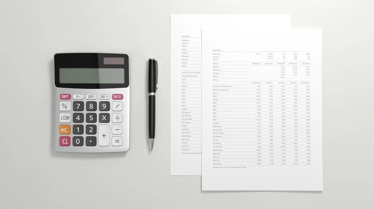 A calculator, pen and financial statements arranged neatly on a desk