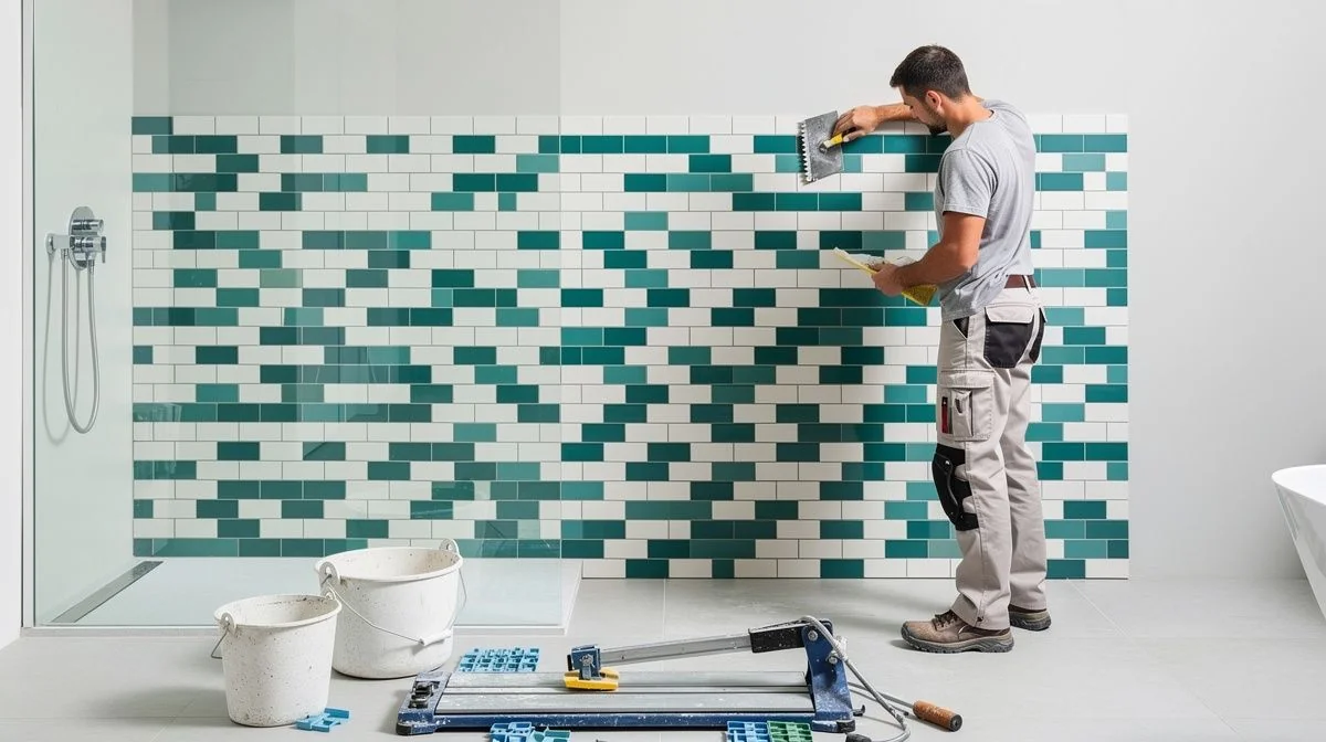 A bathroom renovator in workwear tiling a shower wall in a modern bathroom