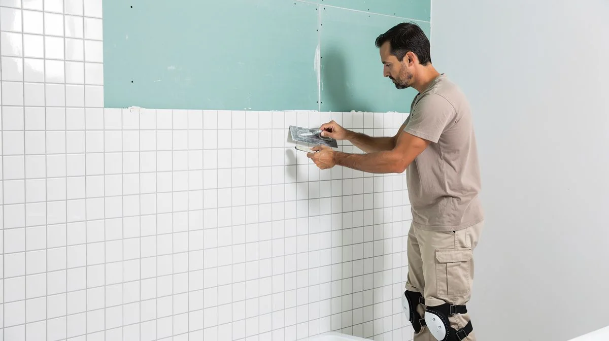 A bathroom renovator in workwear tiling a shower wall in a modern bathroom