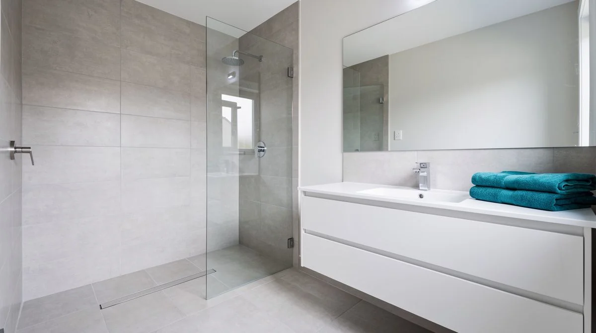A newly renovated modern bathroom with a tiled walk-in shower, white vanity and teal accents