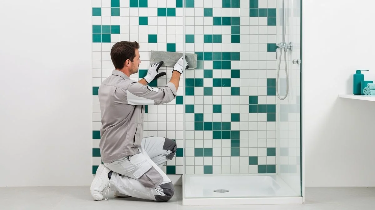 A bathroom renovator in workwear tiling a shower wall in a modern bathroom