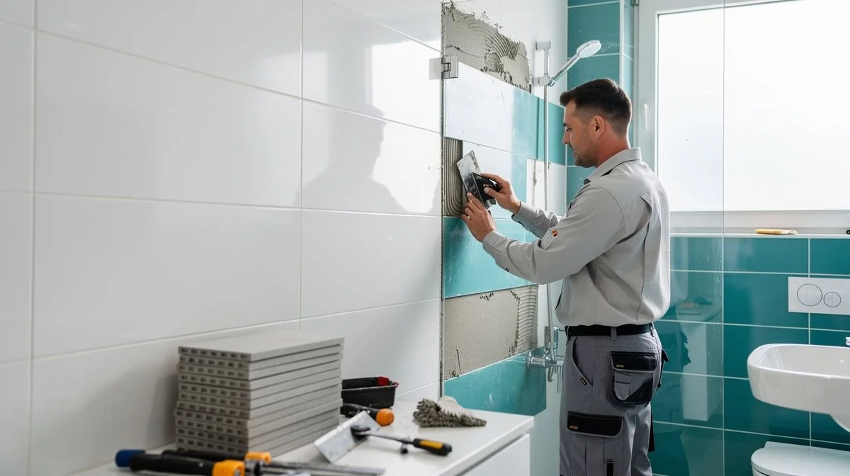 A bathroom renovator in workwear tiling a shower wall in a modern bathroom