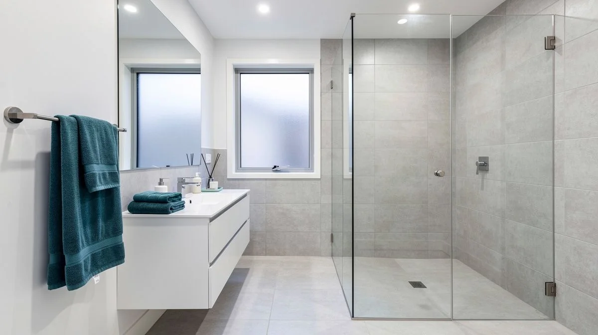 A newly renovated modern bathroom with a tiled walk-in shower, white vanity and teal accents