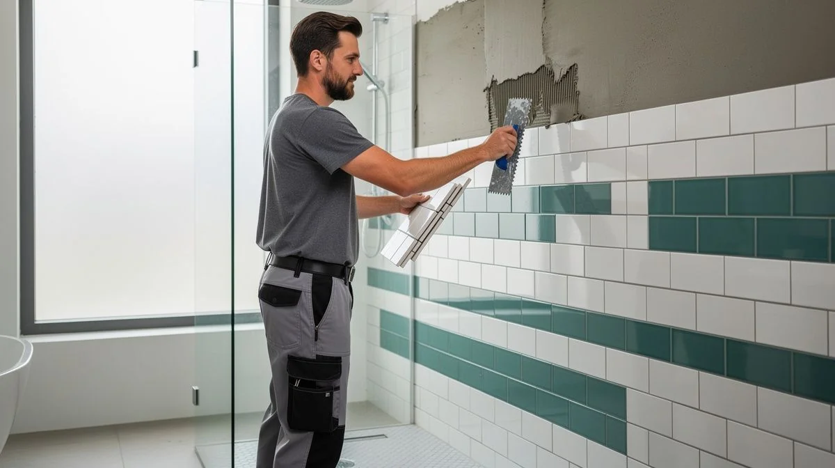 A bathroom renovator in workwear tiling a shower wall in a modern bathroom