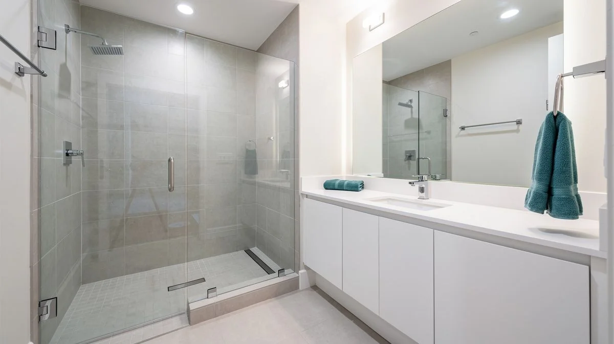A newly renovated modern bathroom with a tiled walk-in shower, white vanity and teal accents