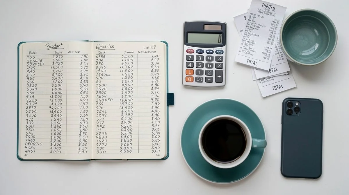 Notebook, calculator and receipts on a kitchen table beside a phone