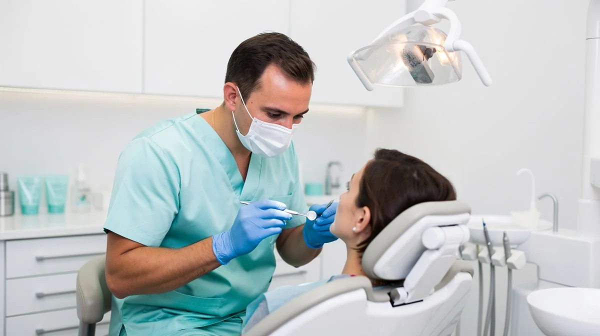 A dentist in gloves examining a patient reclined in a modern dental chair