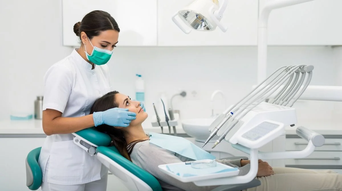 A dentist in gloves examining a patient reclined in a modern dental chair