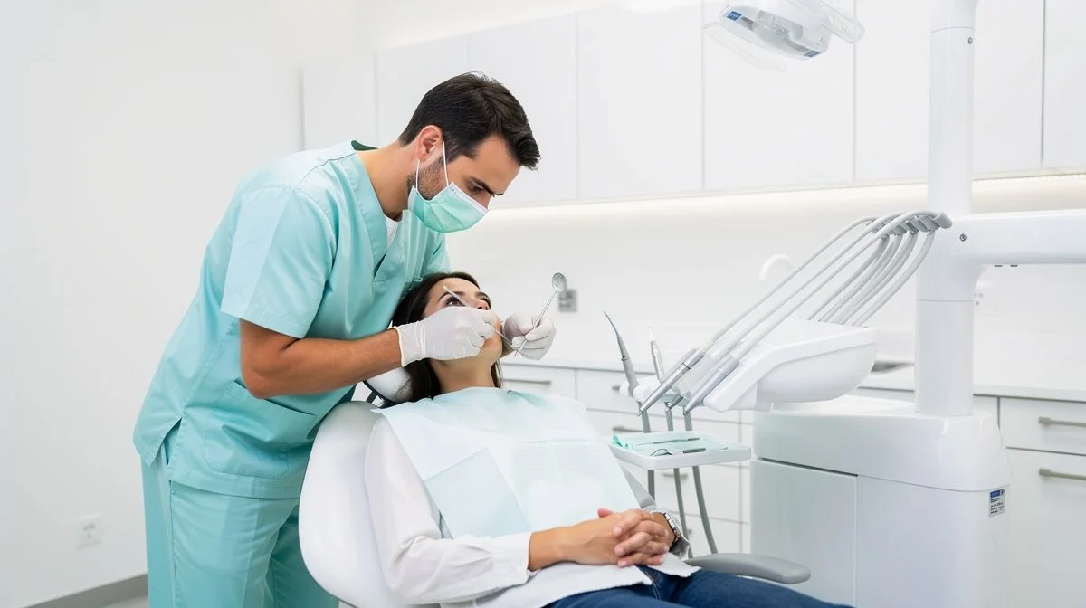 A dentist in gloves examining a patient reclined in a modern dental chair