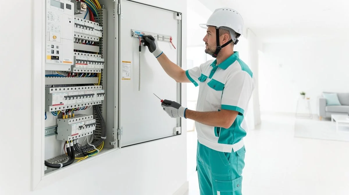 An electrician in workwear working on a switchboard in a home
