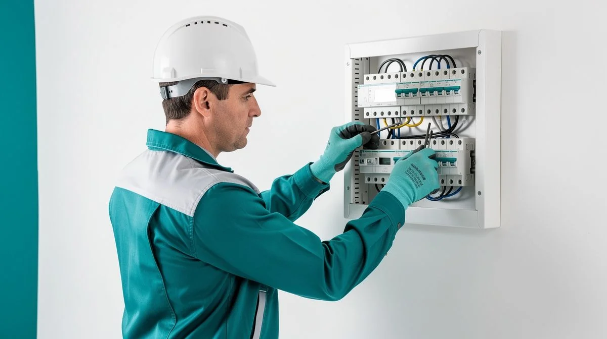 An electrician in workwear working on a switchboard in a home