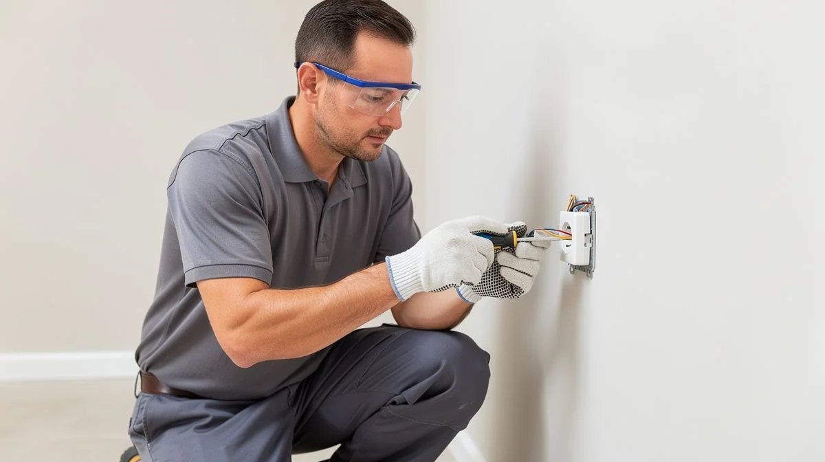 An electrician installing a power point on a wall
