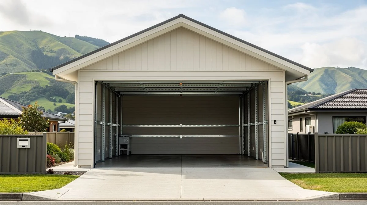 A garage door on a Lower Hutt home with reinforced tracks and the Remutaka hills visible at the end of the street