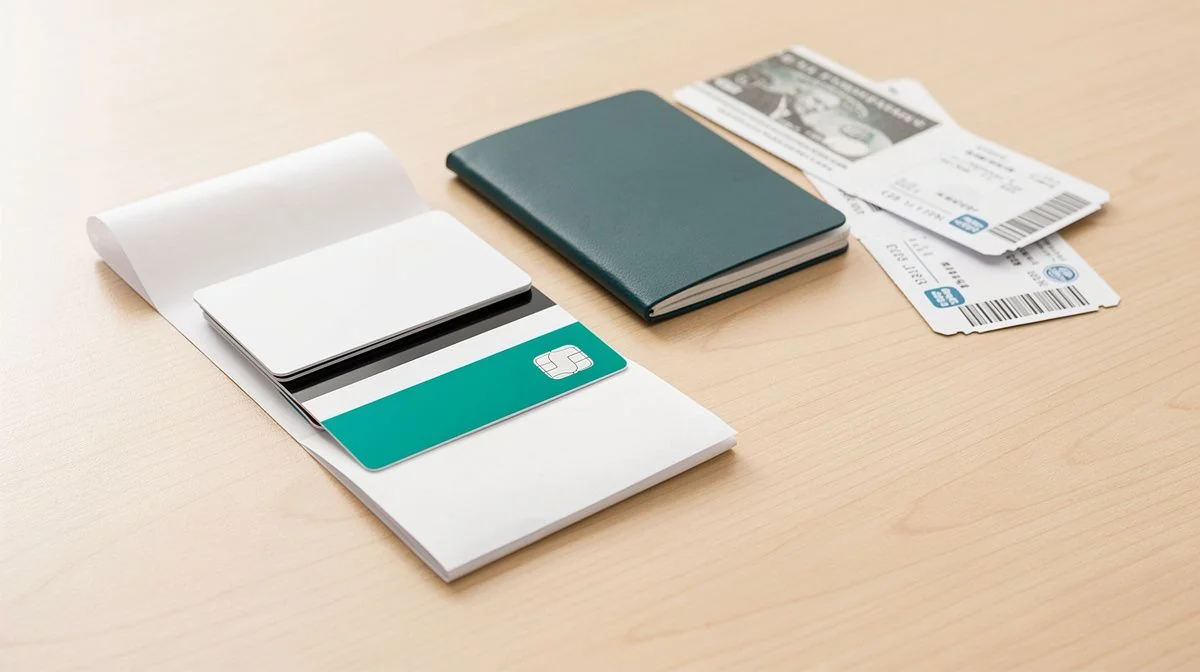 Payment cards, passport and boarding passes arranged on a wooden desk