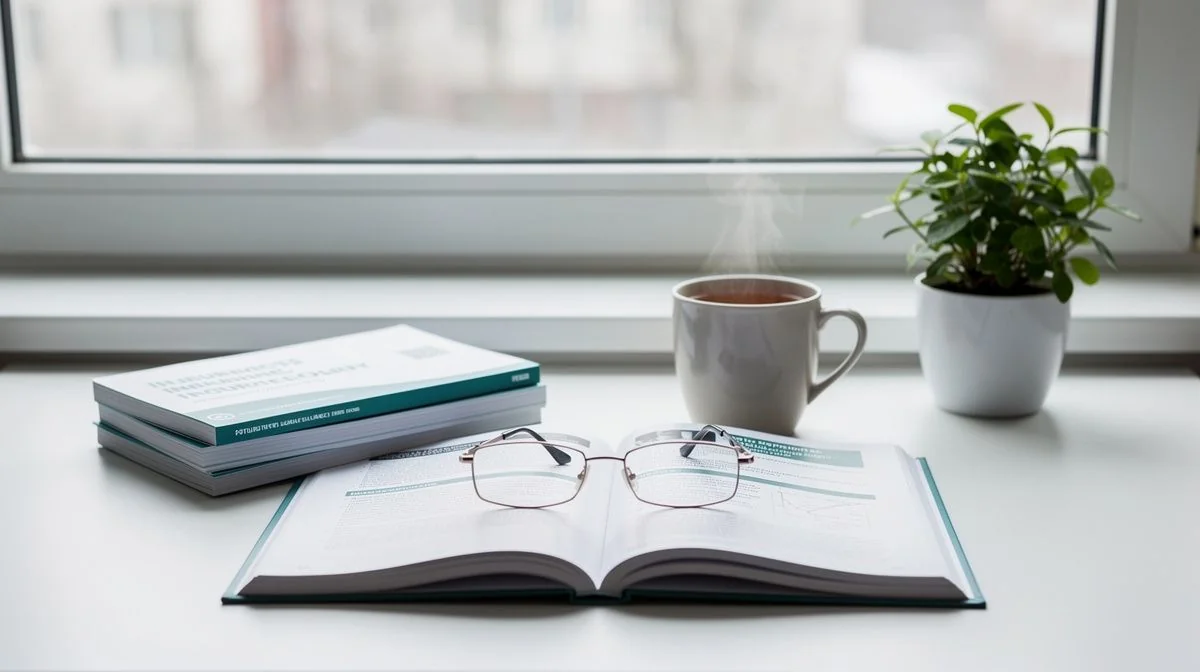 Printed insurance policy booklets and reading glasses on a desk by a window