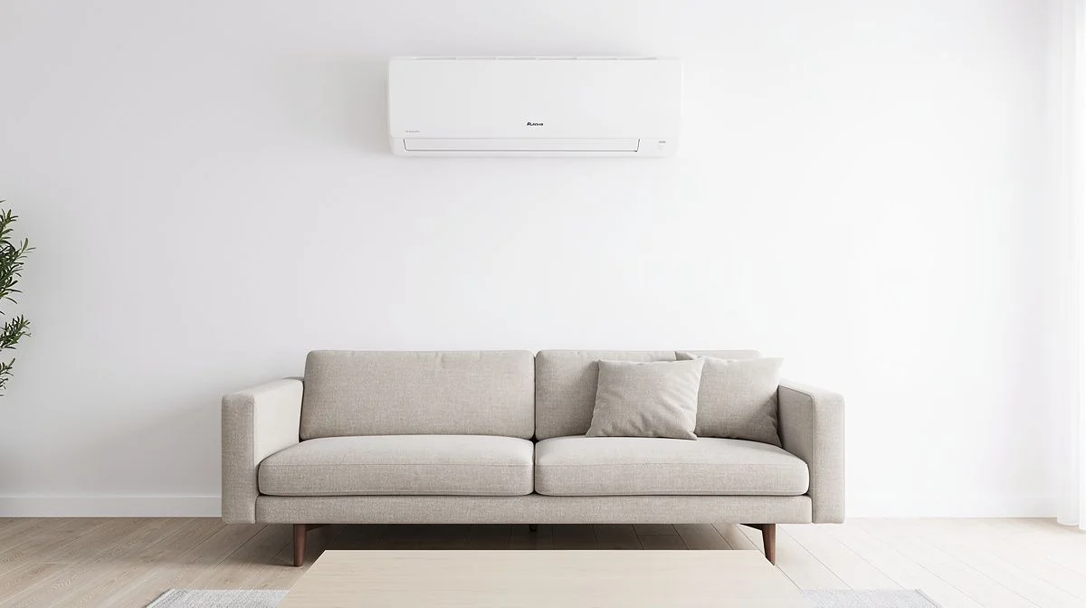 A heat pump wall unit installed high on a wall in a modern living room