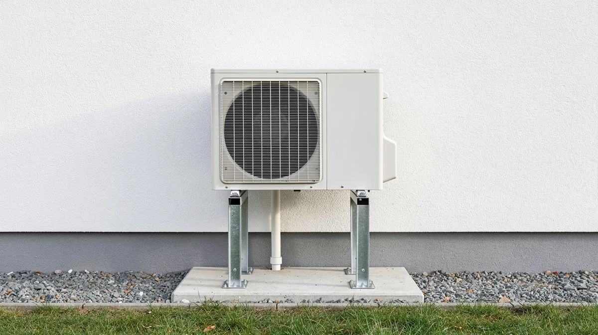An outdoor heat pump unit mounted on a stand against the exterior wall of a home