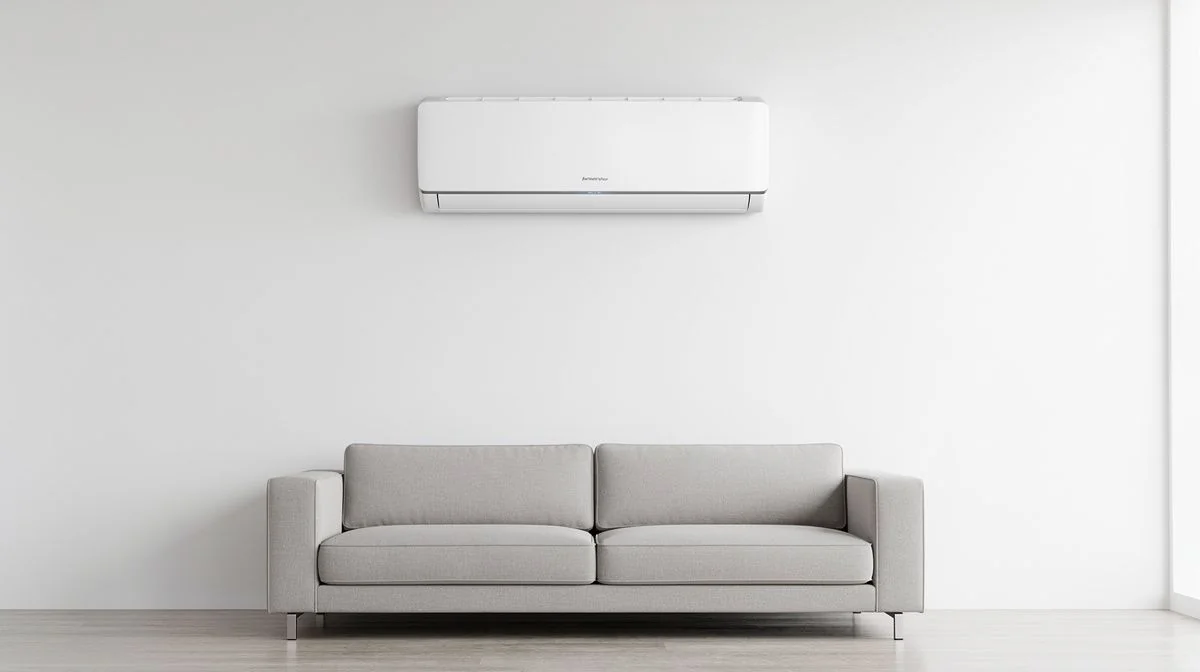 A heat pump wall unit installed high on a wall in a modern living room