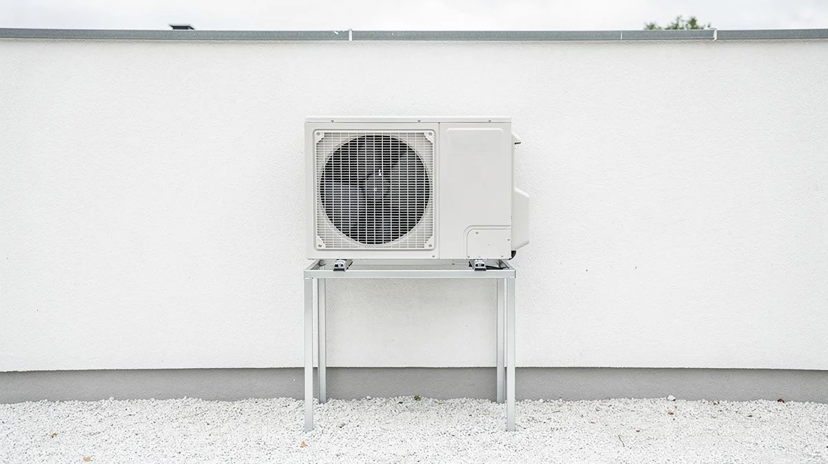 An outdoor heat pump unit mounted on a stand against the exterior wall of a home