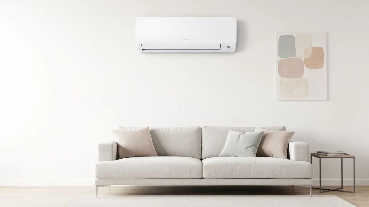 A heat pump wall unit installed high on a wall in a modern living room