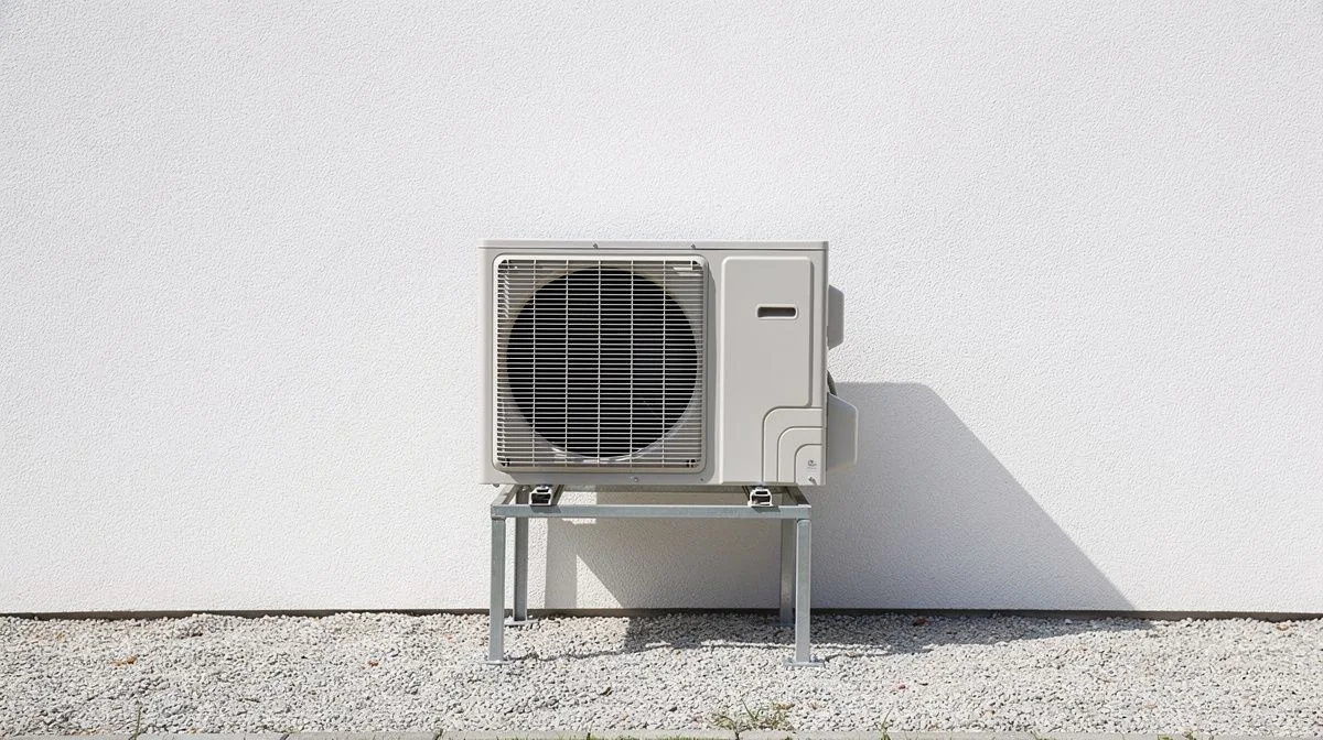 An outdoor heat pump unit mounted on a stand against the exterior wall of a home
