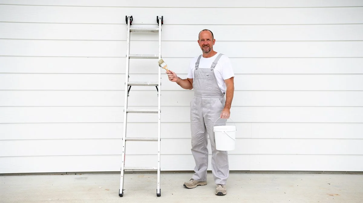 A house painter standing beside an extension ladder against the weatherboard wall of a home