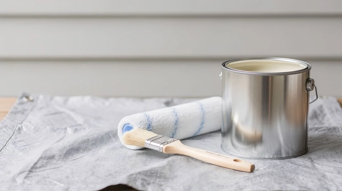 A paintbrush and roller resting on a painter drop cloth beside an open paint tin