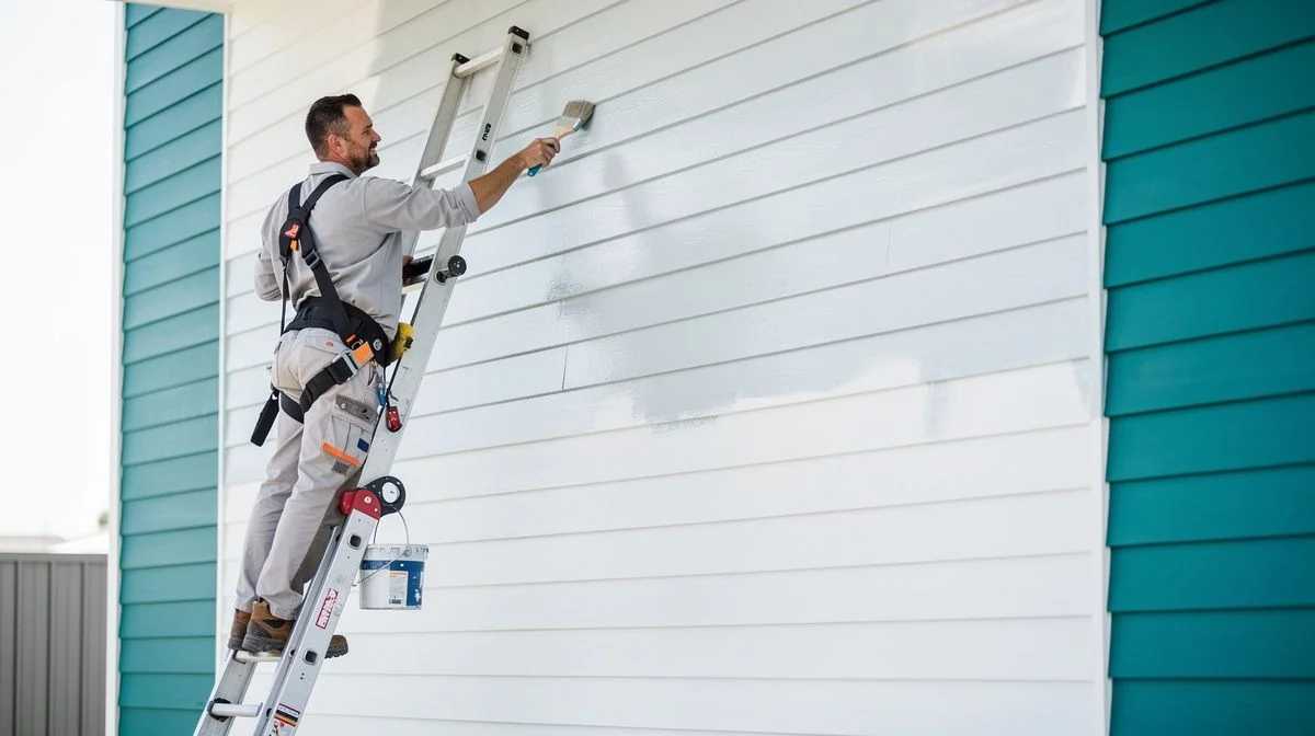 A house painter painting the exterior weatherboard wall of a home