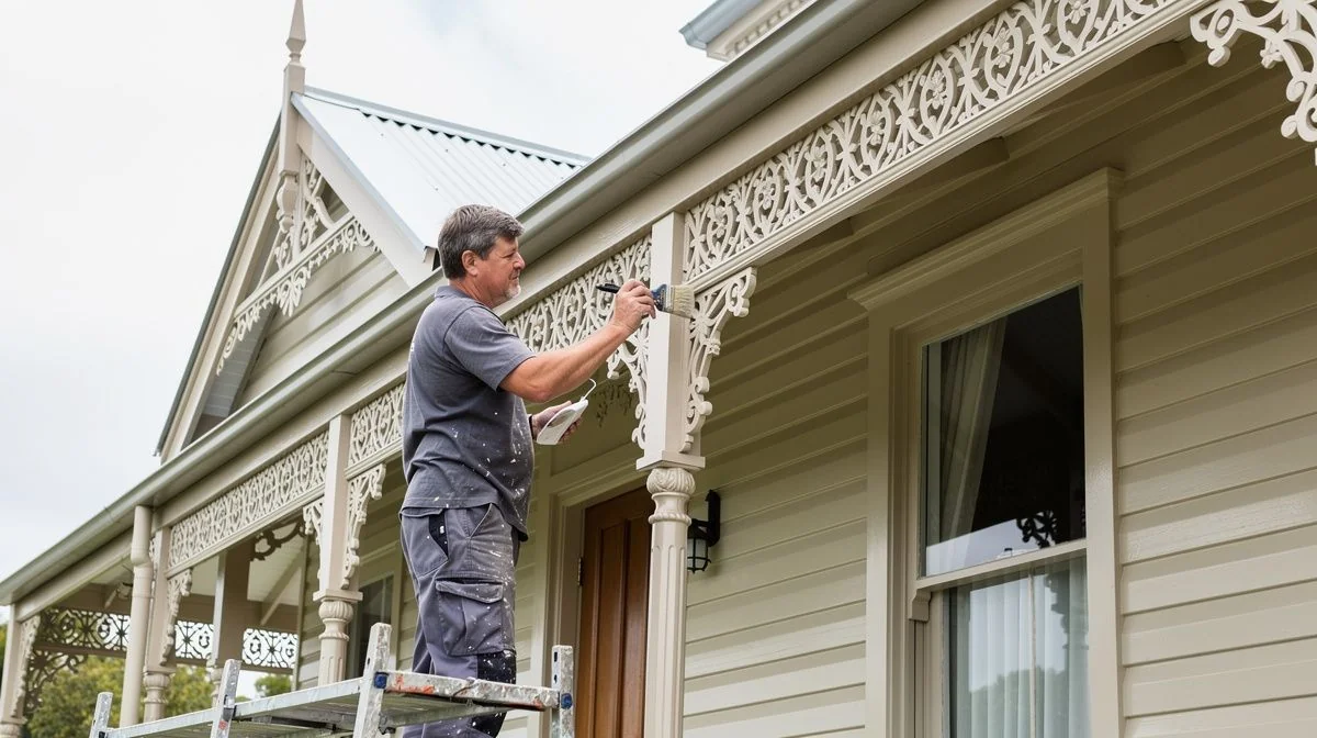A painter carefully hand-painting the trim and eaves of a home exterior