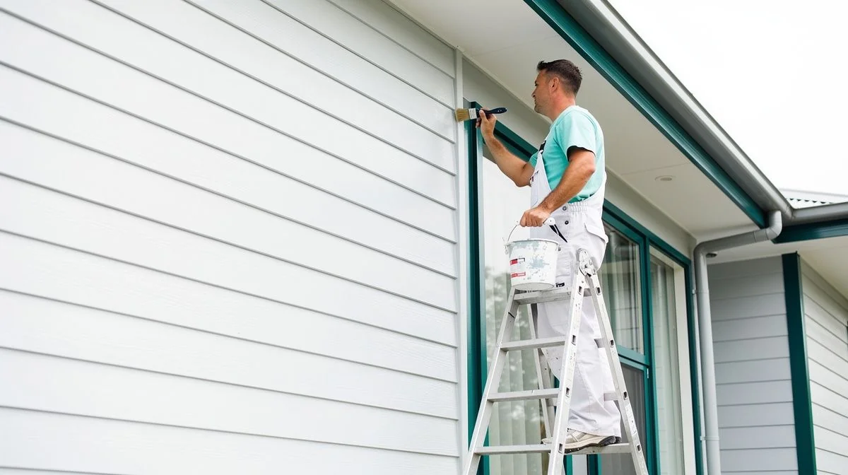 A house painter painting the exterior weatherboard wall of a home