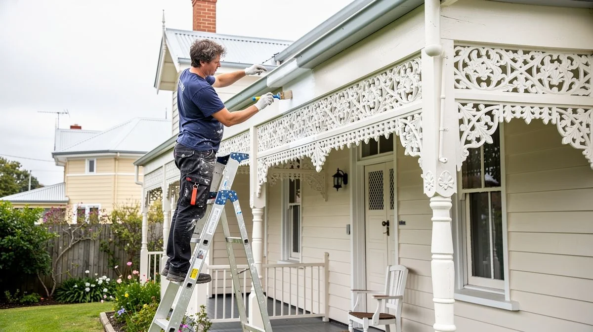A painter carefully hand-painting decorative trim on a character villa exterior