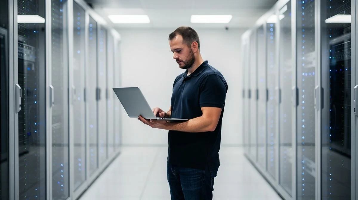 An IT technician working on a laptop in a modern server room with blue indicator lights