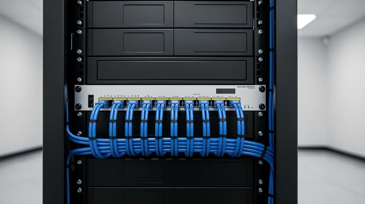 A network switch and server rack with neatly bundled blue ethernet cables in a clean IT room